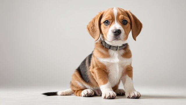 Cachorro beagle, sentado, mirando hacia el frente, sobre fondo blanco