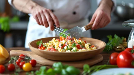 Fotobehang Chef hands preparing delicious cold pasta salad © Gefer