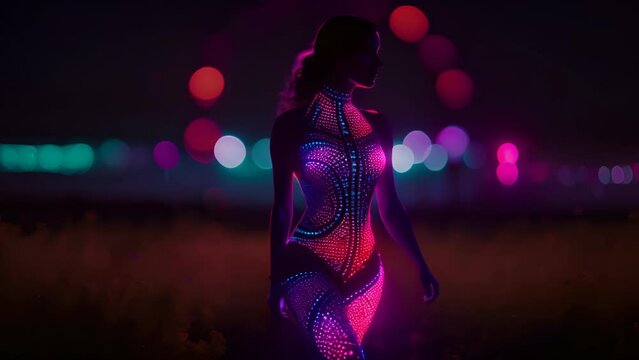 Girl in a glowing neon bodysuit on the background of a night landscape. AI