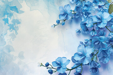 Fototapeta na wymiar Website Background or March 8 Postcard for Women's Day Showcasing Blue Orchid Flowers on a Light Background - An Elegant and Tranquil Design with a Space for Your Text