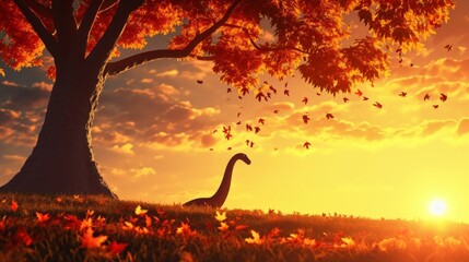 A mive Brachiosaurus stretches its long neck upward reaching for the last of the leaves on a tree its silhouette framed by the warm hues of the golden hour.