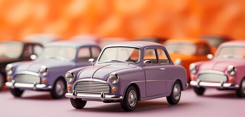 **An array of miniature cars arranged in a dynamic pattern, captured from a high angle on a soft lavender background