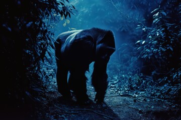 Gorilla in the jungle at night. Wildlife scene from nature.