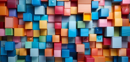 **An artistic display of toy building blocks forming a colorful mosaic, captured from above on a pastel blue surface
