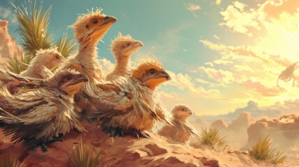 A group of small feathered dinosaurs huddle together for warmth as the desert air starts to heat up.