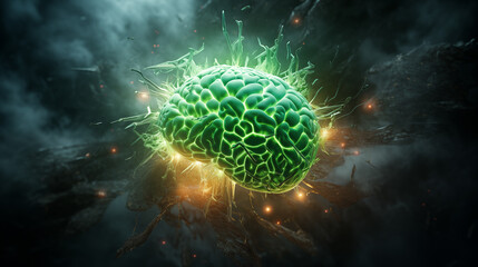 a green green brain set against bright sparks