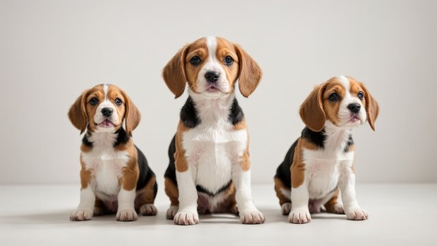 Tres de cachorros beagle, sentados, sobre fondo blanco