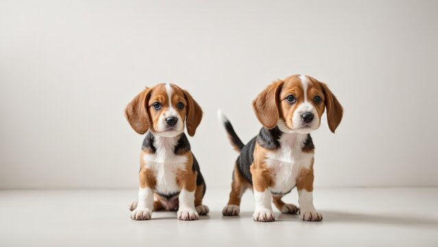 Dos cachorros beagle, de pie y sentado, sobre fondo blanco