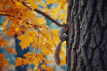 Obraz premium Squirrel on the tree in the autumn forest. Autumn background.