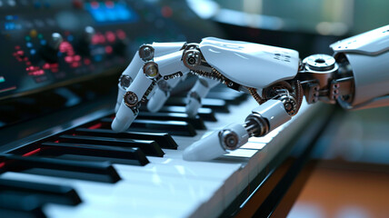 The image of a robot learning to play the piano. a new word in music learning. Generative AI