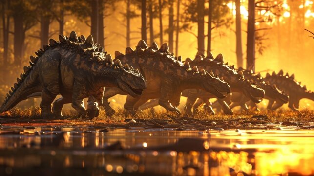 A group of Ankylosaurs marching in unison their impressive armored bodies glistening in the last rays of sunlight.