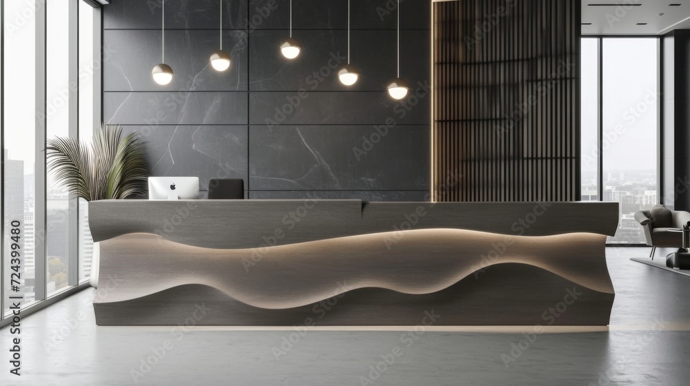 Poster a sleek and modern reception desk featuring a textured surface with a subtle abstract design making 