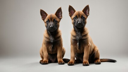 Cachorros pastor belga malinois, sentados, alertas, sobre fondo blanco  - obrazy, fototapety, plakaty