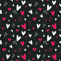 Red and white love heart seamless pattern hand-drawn illustration. Cute romantic chaotic hearts on a black background. Valentine's Day holiday backdrop vector.  Print on textile. Wrapping paper