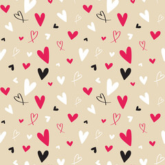 Red and white love heart seamless pattern hand-drawn illustration. Cute romantic chaotic hearts on a black background. Valentine's Day holiday backdrop vector.  Print on textile. Wrapping paper