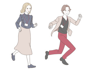 Illustration of male and female business people moving forward.
