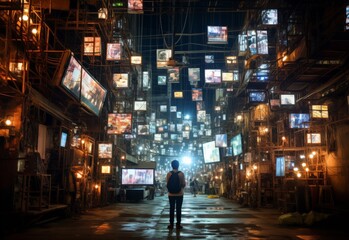 Fototapeta premium Figure Amid TV Screens in Dim Alley