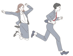 Illustration of male and female business people moving forward.
