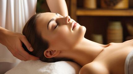 Obraz na płótnie Canvas a woman with her eyes closed receives a facial massage while lying on a massage table, the masseur's hands work on massaging the woman's neck and chin. Rejuvenating contour facial massage