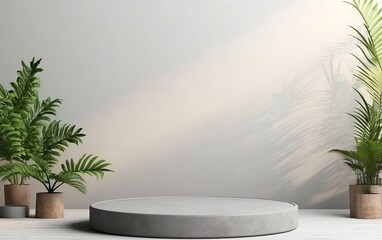 Obraz premium Plants on grey background. Landscape layout 3d rendering empty mockup scene of concrete texture podium for product template. Natural beauty, eco friendly, sustainable concept. AI Generative.