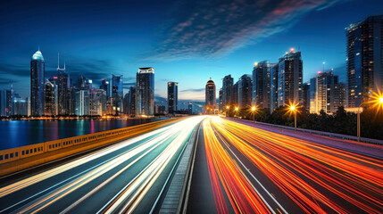 Long Exposure City Night Photo, Blurred Lights Capture the Vibrant Energy of Urban Life