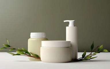 Organic treatment concept. Mockup with off white cosmetic dispensers and cream jar with plants like branches, moss and leaves. AI Generative.