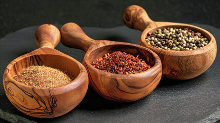 Three Wooden Bowls Filled With Different Types of Spices