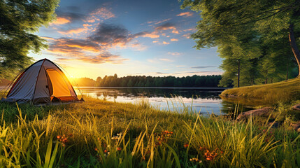 Tent Set Up on Grass Near Lake, Tranquil Camping in Natural Environment. Hiking and outdoor recreation.