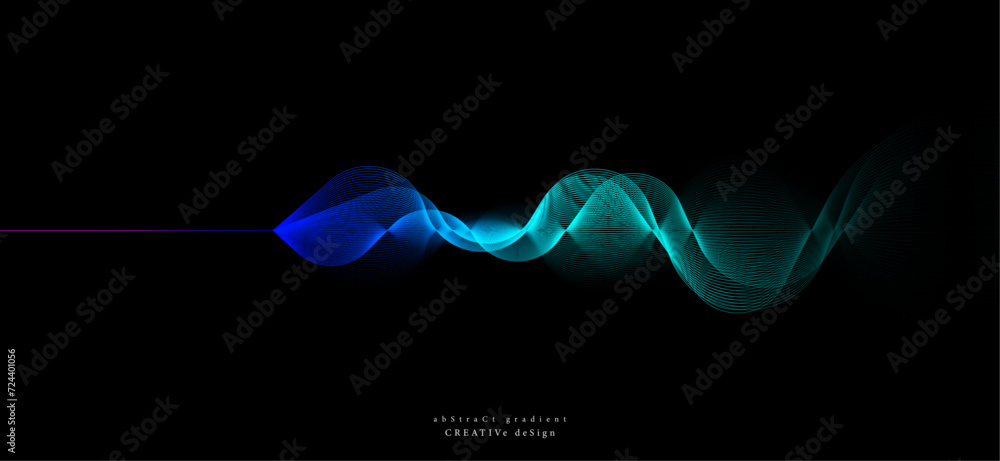 Aufkleber digital banner design with line wave glowing colorful gradient lights isolated on black background. 