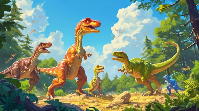 A playful and colorful group of velociraptors share a clearing with a pair of gentle apatosaurus the smaller dinosaurs hopping around and chasing each other with excitement.