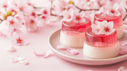 Sakura Blancmange - two-layered sakura jelly and sakura-flavored blancmange dessert, sweet Japanese treat