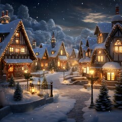 Fototapeta na wymiar Winter village at night. 3d illustration. Christmas and New Year concept.