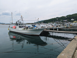 Fototapeta premium A serene harbor scene under an overcast sky.