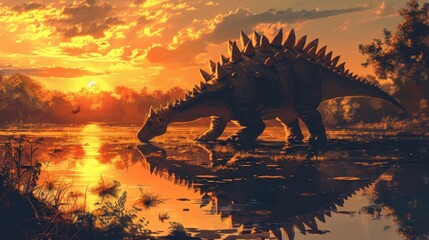 A mive Stegosaurus with its iconic spiked plates trudging through the muddy banks of a tranquil river as the vibrant sunset colors reflect off its armored body.