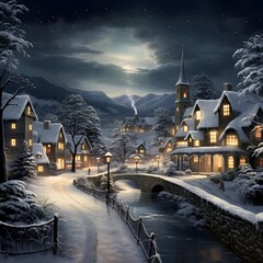 Beautiful winter night in the village. Digital painting, illustration.