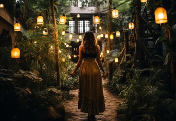 Obraz premium Woman in Yellow Dress Walking Through Forest