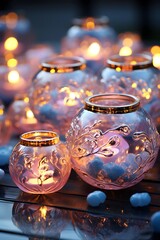 Burning candles in the shape of a heart in a glass candlestick