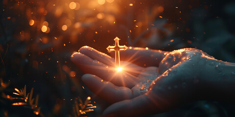 Cross in hand with beautiful light, amulet concept