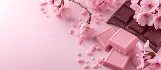 Ruby chocolate bars with cherry blossoms, creating a visually appealing and delicious treat.
