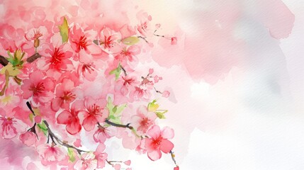 Fototapeta na wymiar Pink watercolor illustration of cherry blossoms on a branch, Japanese style watercolor
