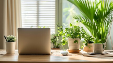 Fototapeta na wymiar A sunlit home office filled with indoor plants, creating a refreshing and productive workspace.