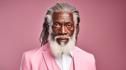 Handsome elderly black African American man with long dreadlocked hair, on a pink background, banner.