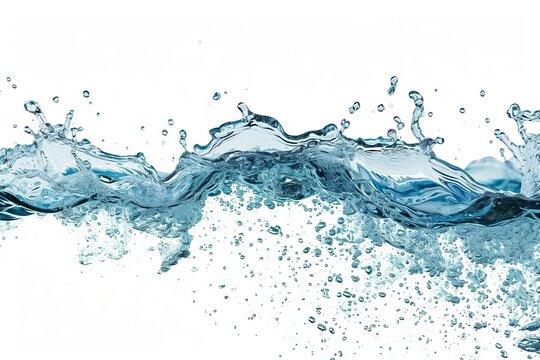 Blue water swirl splash with little bubbles on clear isolated white background, liquid flowing in form of wave