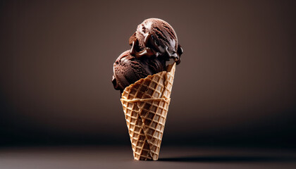 Delicious creamy chocolate, coffee or brownie ice cream in waffle cone. Brown ice cream scoops on...