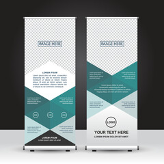 Teal and white color theme Roll Up Banner template, standing banner design, advertisement, flyer and display. Vector Design