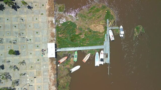 Rosario Argentina province of Santa Fe aerial images with drone of the city Views of the Parana River cenital small pier with boats