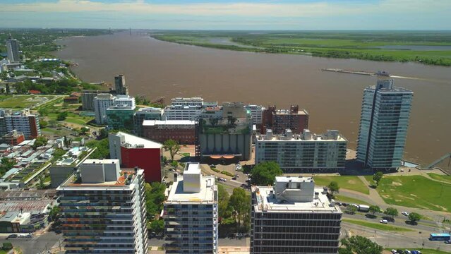 northe port buildings Rosario Argentina province of Santa Fe aerial images with drone of the city Views of the Parana River