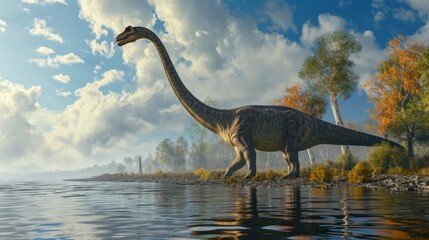 A mive Diplodocus stretches its long body along the lagoon basking in the warm sun.