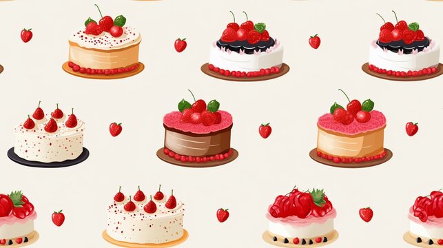 Seamless pattern with cakes and cherries. Vector illustration.