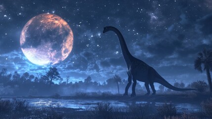 A lone Brachiosaurus raises its head to admire the glowing moon its immense size casting a shadow over the gry meadow.